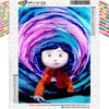 A diamond painting featuring a stylized, round-faced character with purple and blue swirling background colors.