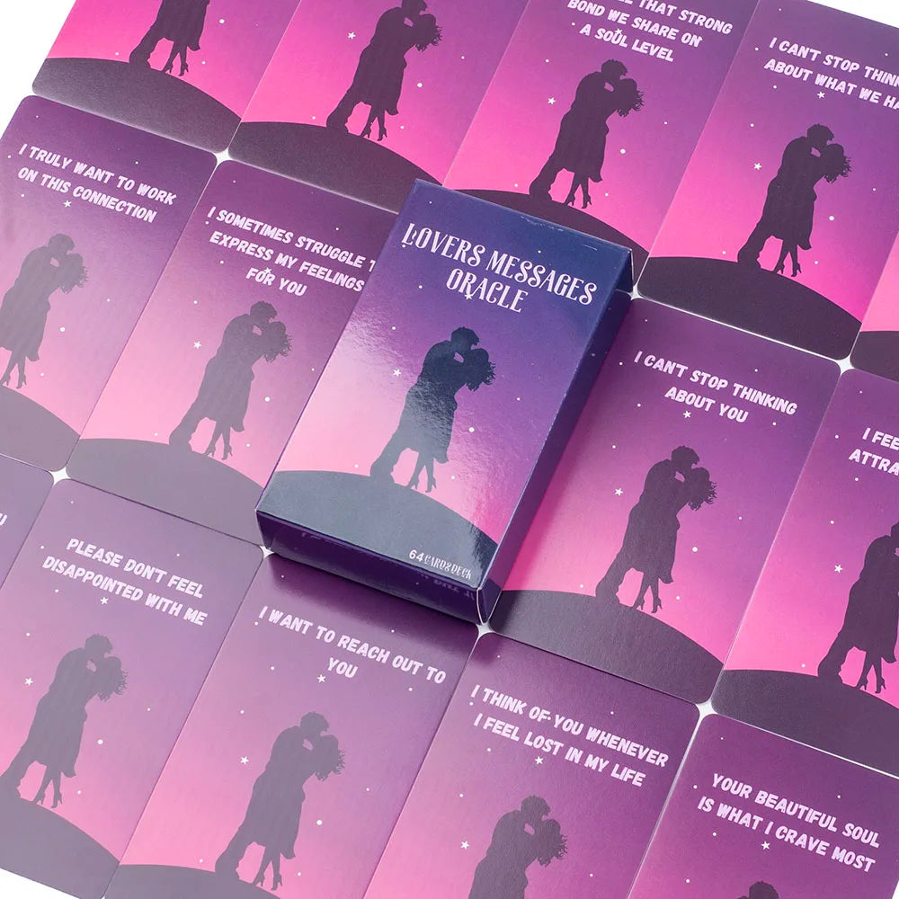 A box of the Lovers Messages Oracle deck featuring silhouettes of people on a pink background.