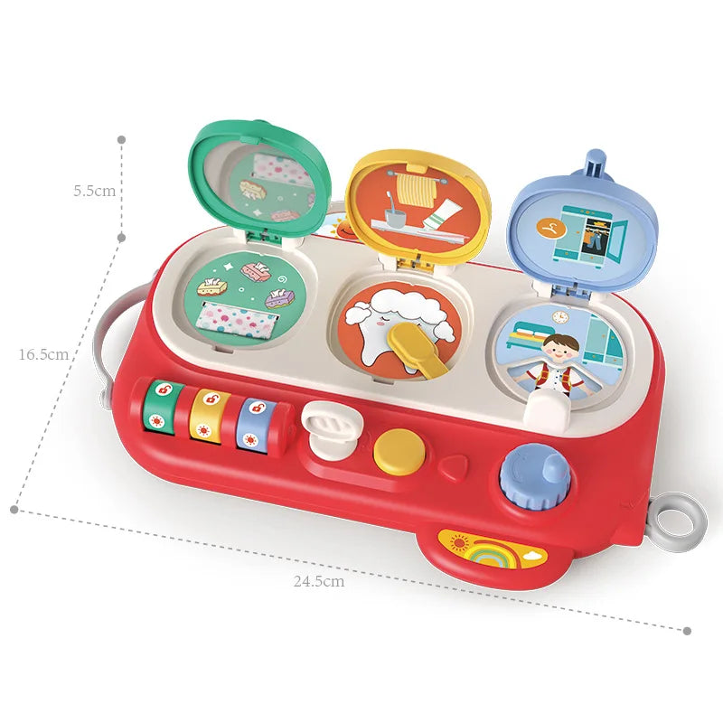 A red Montessori pop-up animal toy with two hinged lids showing colorful scenes and animals.