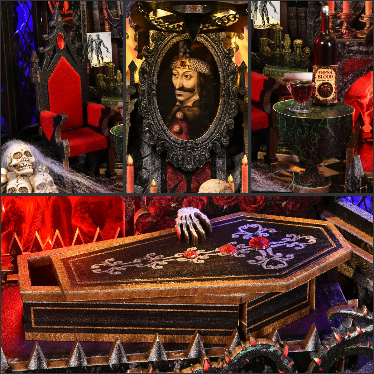 A dark, gothic scene featuring a wooden bookshelf insert with an oil painting and LED lighting.