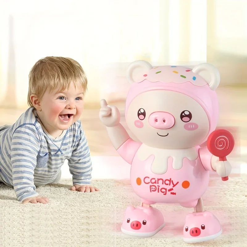 A smiling baby is interacting with a pink, interactive pig toy that lights up and plays music.