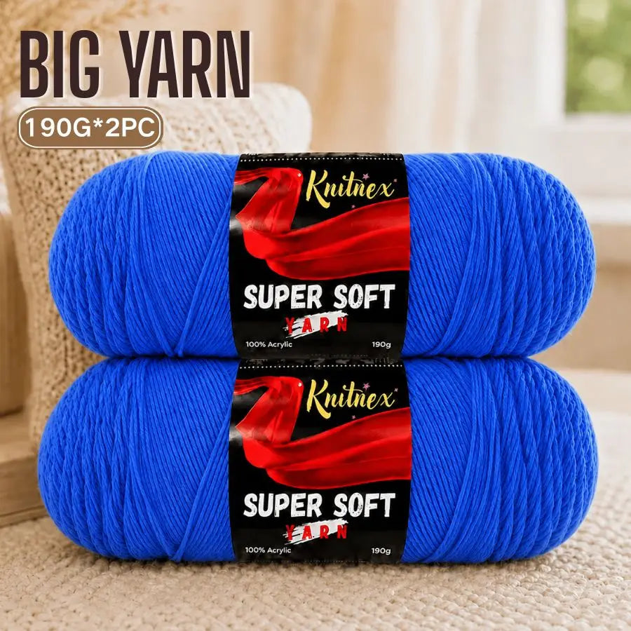 Two skeins of bright blue Knitnex Super Soft Yarn for knitting and crochet projects