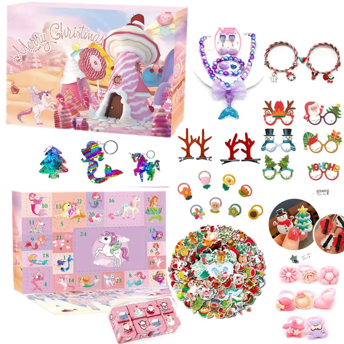 A collection of mermaid jewelry including necklaces, earrings, and bracelets presented in a 24-day Christmas countdown gift b