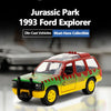 A die-cast collectible model of a Jurassic Park 1993 Ford Explorer tour vehicle in green and yellow.