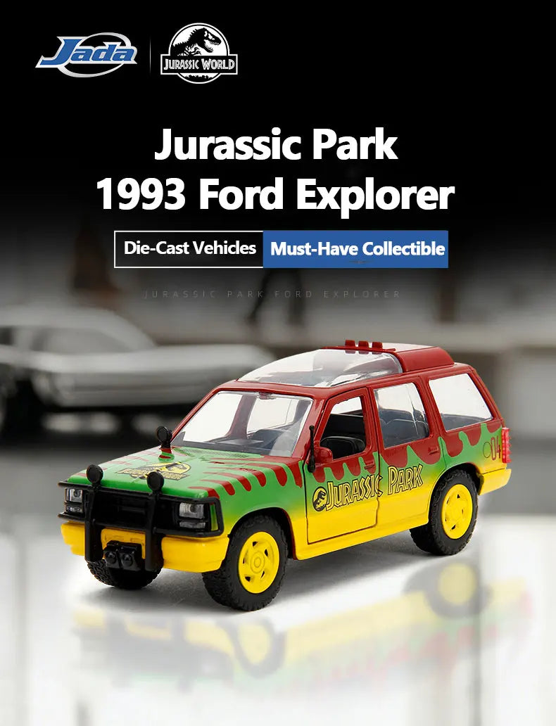 A die-cast collectible model of a Jurassic Park 1993 Ford Explorer tour vehicle in green and yellow.