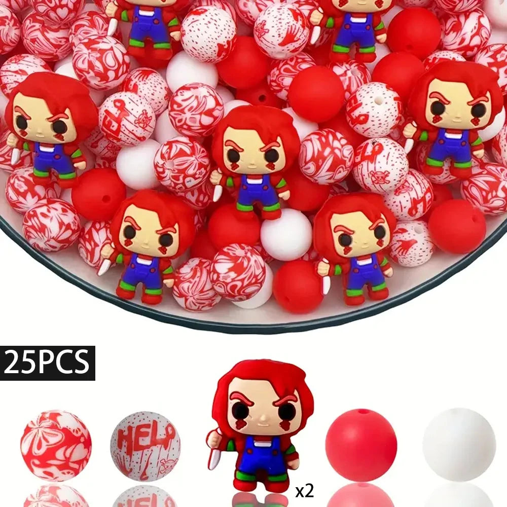 A set of 25 silicone beads featuring characters from a popular franchise, including red and white spherical beads.