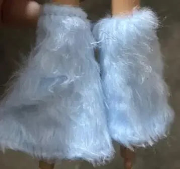A doll fashion set featuring fluffy light blue faux fur clothing.