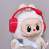 Labubu doll wearing a white hoodie and red headphones