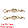 Gold-toned magnetic clasps for jewelry making with a barrel connector and a jump ring hook.