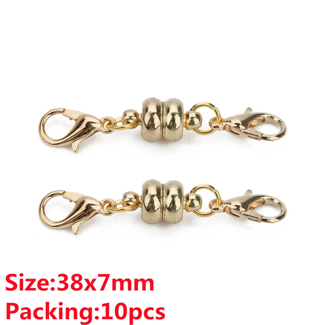 Gold-toned magnetic clasps for jewelry making with a barrel connector and a jump ring hook.