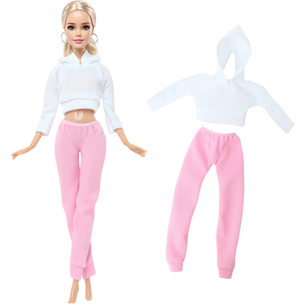 A fashion doll outfit set featuring a white cropped hoodie and pink sweatpants.