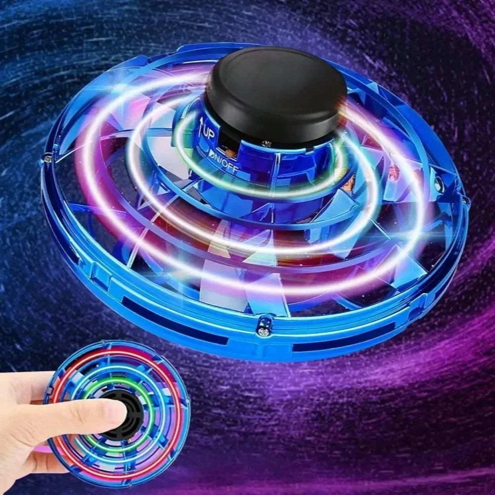 A blue magic LED flying orb boomerang ball with glowing lights is shown being held by a hand.