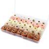 A clear plastic container filled with 35 assorted plush fur pom pom beads in various colors like pink, yellow, and brown.