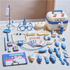 A kids doctor play set featuring various medical tools, including a stethoscope, bandages, and stuffed animal figures.