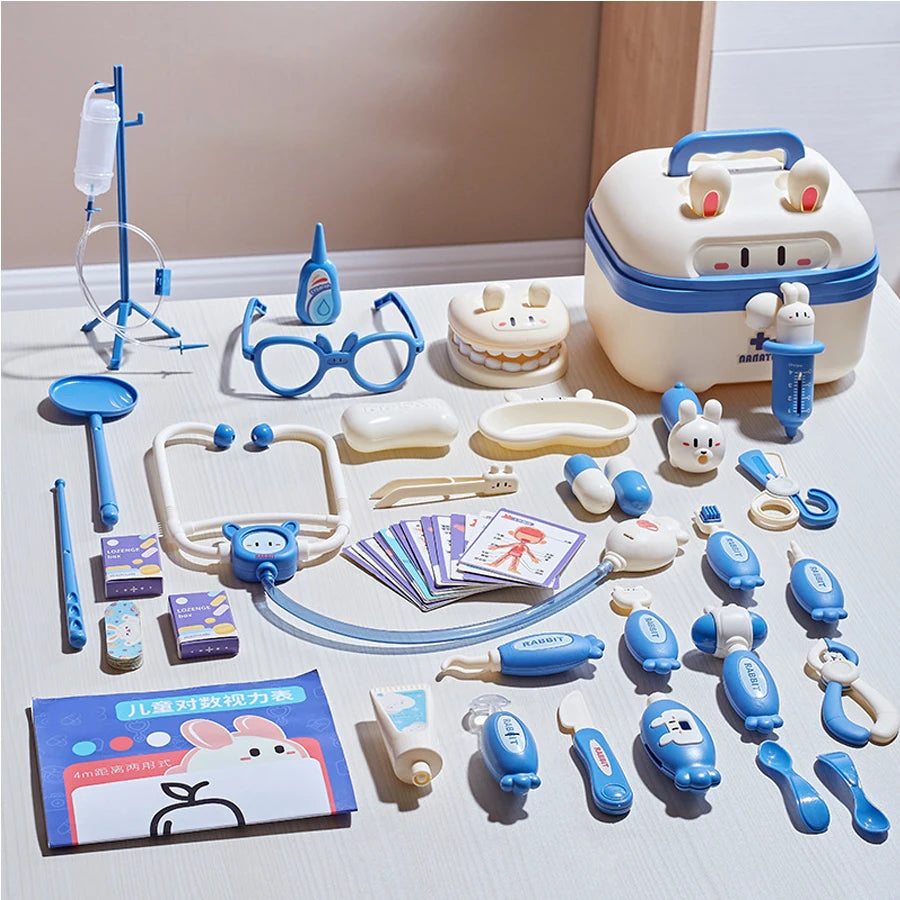 A kids doctor play set featuring various medical tools, including a stethoscope, bandages, and stuffed animal figures.
