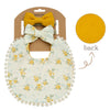 A light yellow floral baby bib and matching bow headband set displayed in a cardboard packaging.