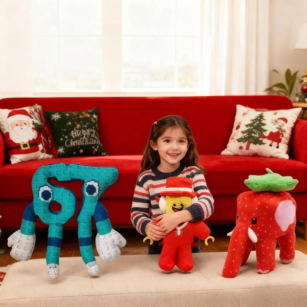 A child sits on a couch with several colorful plush toys including a large blue number 67 and an orange elephant.