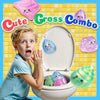 A child is looking surprised while interacting with a toilet bowl filled with glittery, colorful squishy toys.
