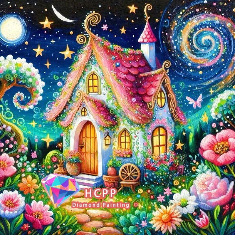 A vibrant diamond painting featuring a whimsical house surrounded by colorful flowers, plants, and a starry night sky.