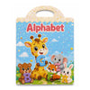 A colorful alphabet sticker book featuring cartoon animals like a giraffe, elephant, bear, and rabbit.