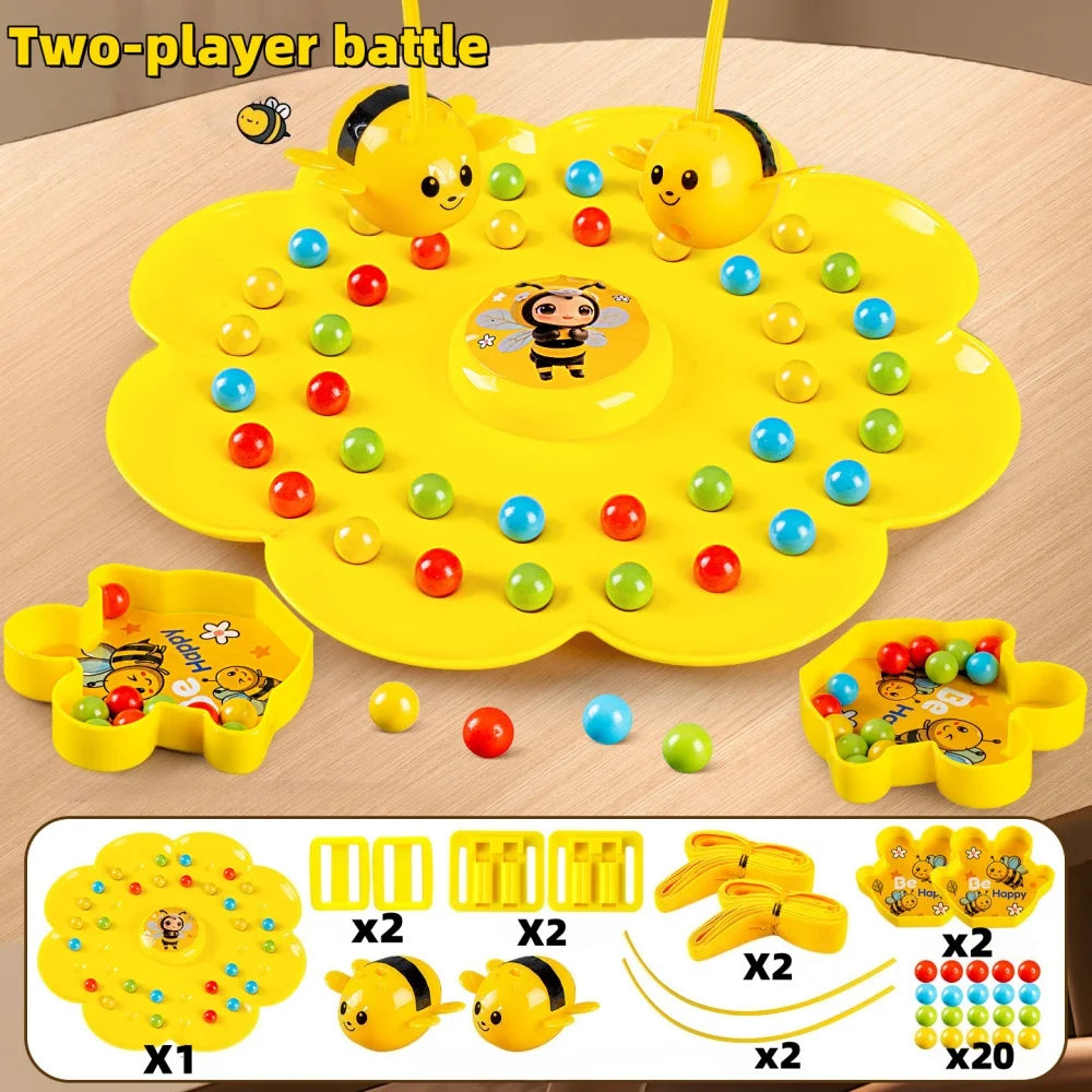 A yellow board game set featuring a bumblebee theme with various colored balls and bee figures for two players.