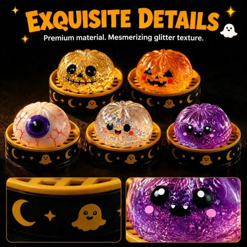 A collection of glossy, glittery ghost-themed squishy toys in various colors and textures.