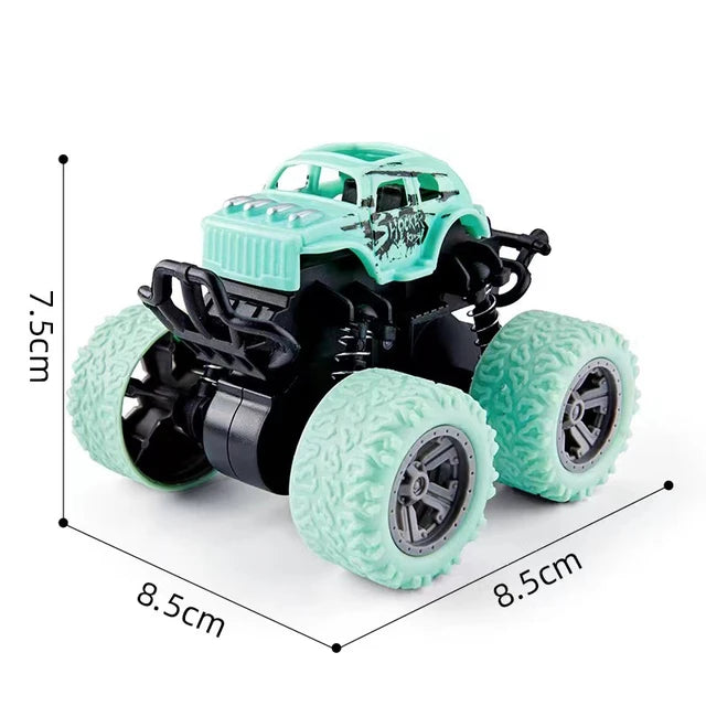 A teal four-wheel drive stunt car with pull-back action, shown from above and side view.