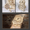 A set of wooden owl wall clocks and a decorative wooden spoon, showing different views of the DIY assembly kit.