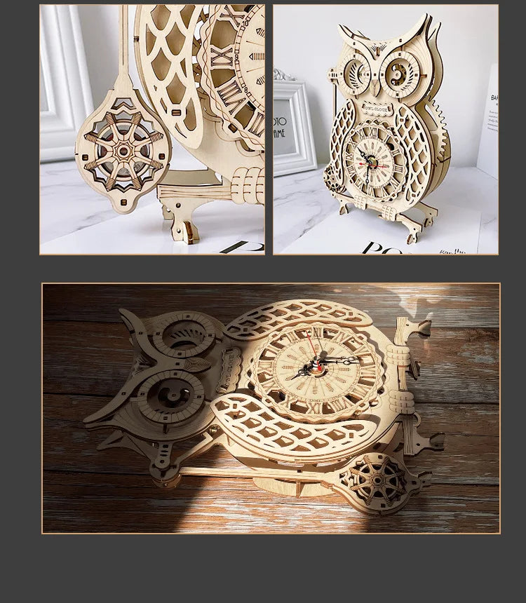 A set of wooden owl wall clocks and a decorative wooden spoon, showing different views of the DIY assembly kit.