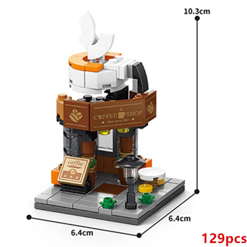 A mini city shop building block set featuring a coffee shop facade and equipment.