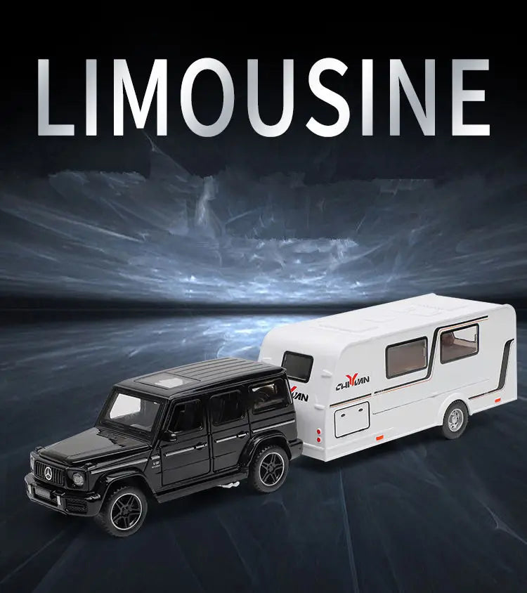 A black diecast model of a limousine-style RV camper truck is shown on a dark surface.