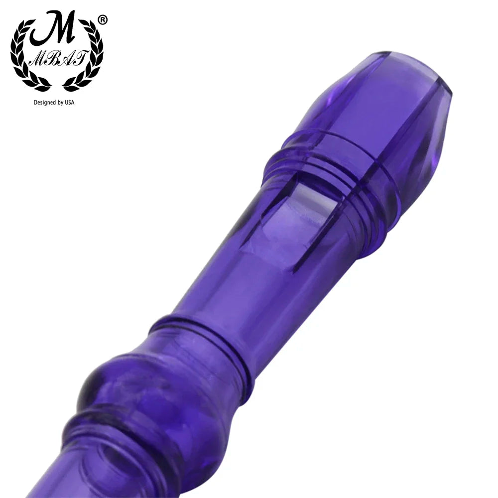 A close-up view of a purple rainbow transparent 8-hole soprano recorder with a cleaning rod.