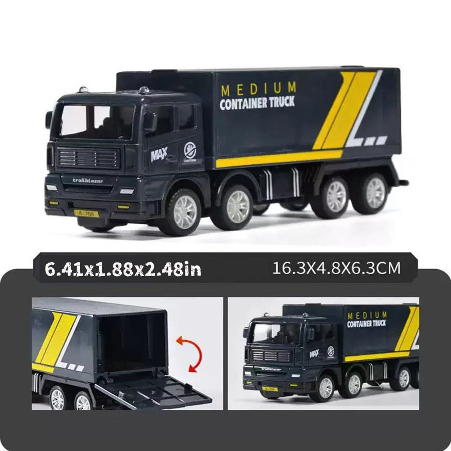 A black medium container truck toy with yellow accents, shown in a side view and close-up.