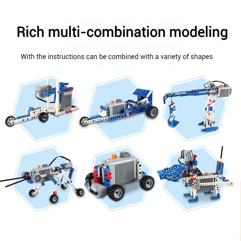 A set of multi-combination motorized building blocks shown in various assembled shapes and configurations.