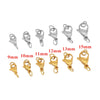 A set of stainless steel lobster clasps and jewelry connectors in various sizes from 9mm to 15mm.