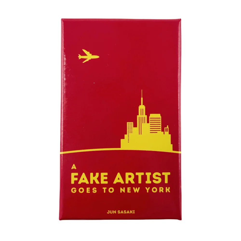 A red box featuring a yellow airplane and a silhouette of a city skyline, with the text Fake Artist Goes to New York and Jun 