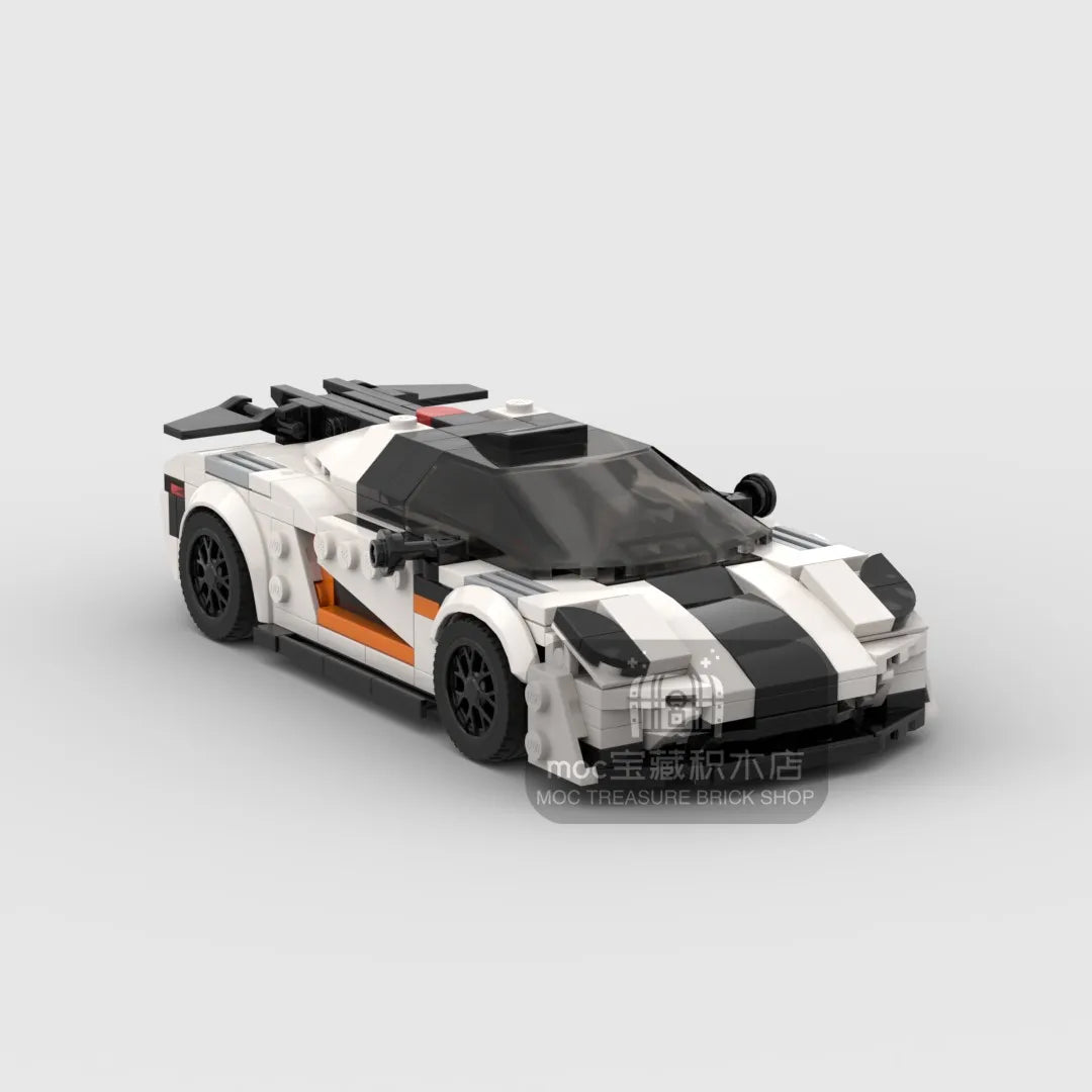 A detailed model of a classic supercar built from building blocks, featuring white and black paint schemes.