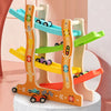 A wooden inertia race track toy set for kids featuring colorful ramps and vehicles.