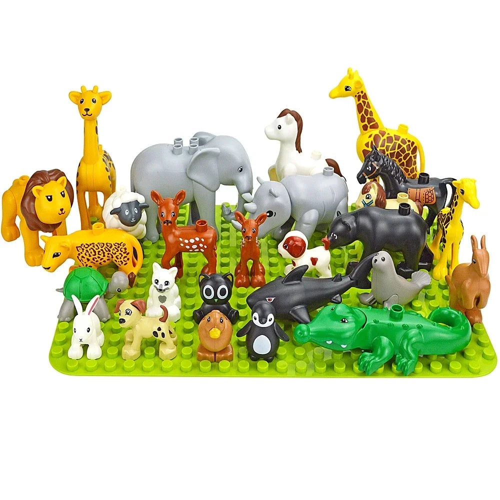 A colorful set of zoo animal building blocks featuring various large bricks shaped like dinosaurs, elephants, lions, and othe