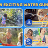 A collection of people having fun with water guns in various outdoor settings like a backyard, swimming pool, lawn, and beach