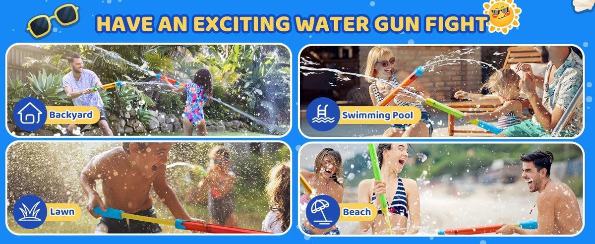 A collection of people having fun with water guns in various outdoor settings like a backyard, swimming pool, lawn, and beach