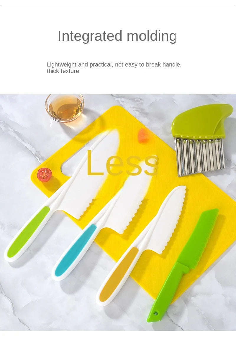 A set of plastic play knives in white, green, and orange are displayed on a yellow background.