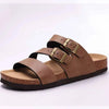 Brown suede cork mules with leather straps and arch support