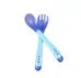 A pair of light blue wooden utensils, including a fork and spoon, used for a Montessori feeding game.