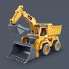 A yellow diecast excavator toy truck with a scoop and a bucket on a gray background.