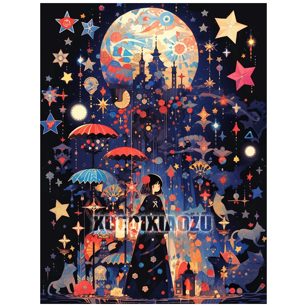 A diamond painting artwork featuring a dark night sky, celestial bodies, and a silhouette of a woman in a long black coat.