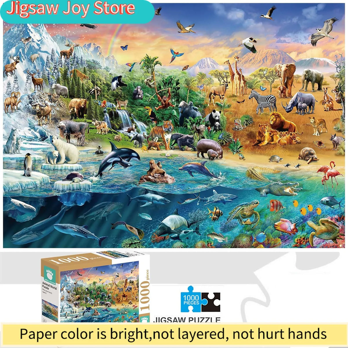 A colorful jigsaw puzzle depicting various animals in a natural landscape.