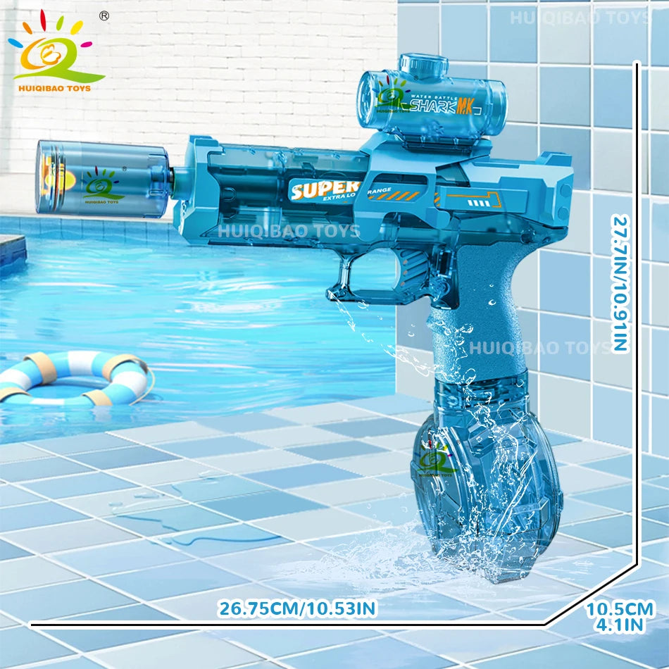 A blue electric pulse water gun with a simulated flame effect is shown firing water into a pool.