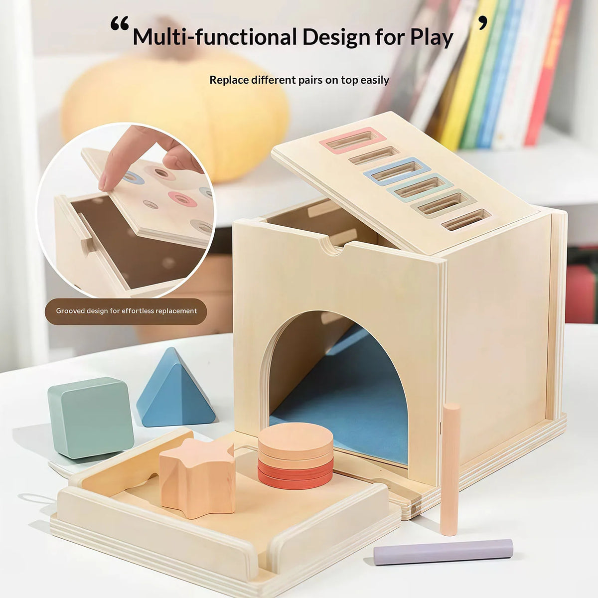 A wooden Montessori color sorting and shape sorter toy with various colored blocks and a wooden animal cutout.