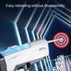 A white electric water gun is shown firing a stream of water against a target, with text describing its features.